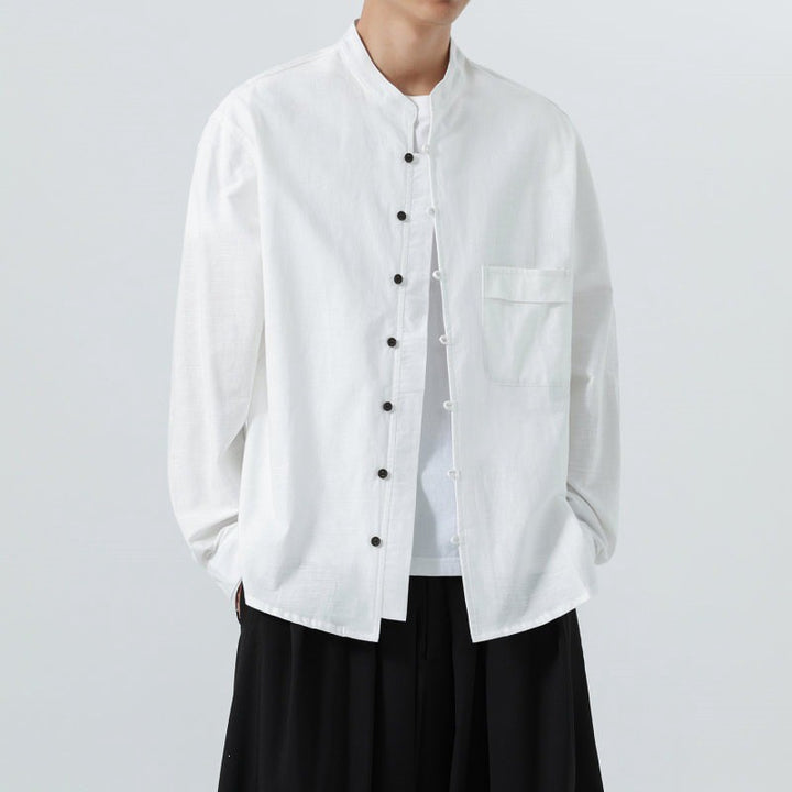 Buddha Stones Fall Minimalist Tang Style Mandarin Collar Patch Pocket Solid Men's Long Sleeve Shirts With Pocket - image 21