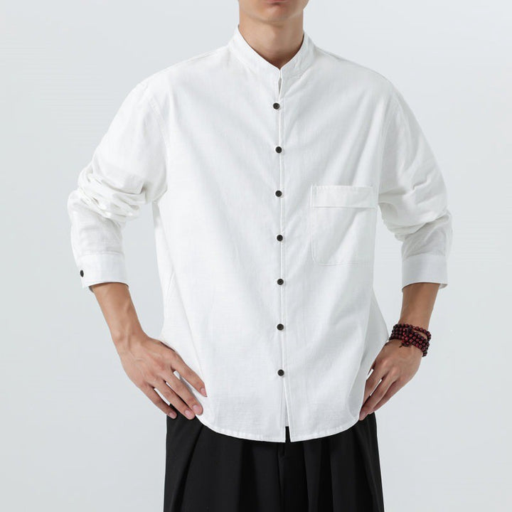 Buddha Stones Fall Minimalist Tang Style Mandarin Collar Patch Pocket Solid Men's Long Sleeve Shirts With Pocket - image 19