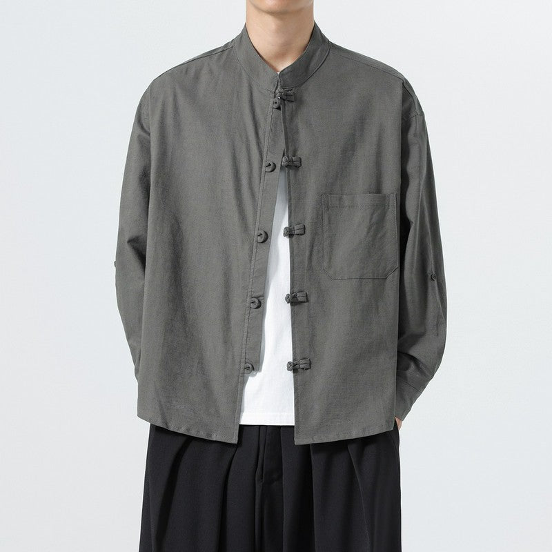 Buddha Stones Spring Fall Tang Style Minimalist Frog Button Mandarin Collar Solid Men's Long Sleeve Shirts With Pocket - DimGray - US/UK/AU46，EU56 (5XL) - image 14