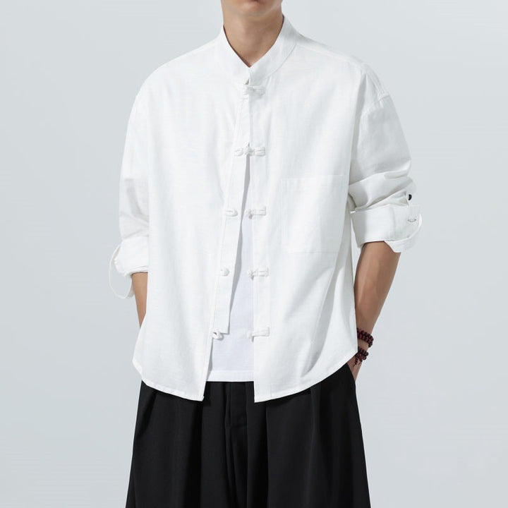 Buddha Stones Spring Fall Tang Style Minimalist Frog Button Mandarin Collar Solid Men's Long Sleeve Shirts With Pocket - image 24