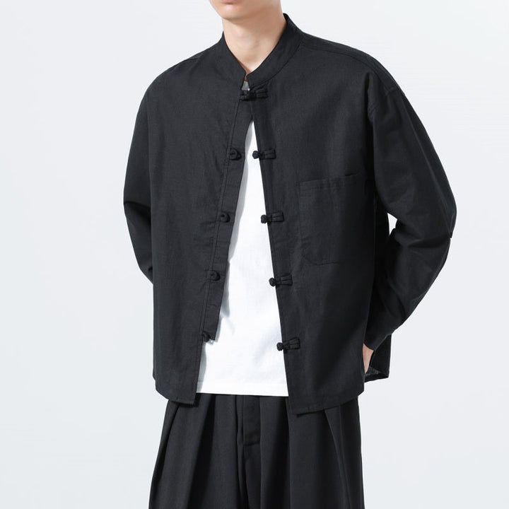 Buddha Stones Spring Fall Tang Style Minimalist Frog Button Mandarin Collar Solid Men's Long Sleeve Shirts With Pocket - image 9