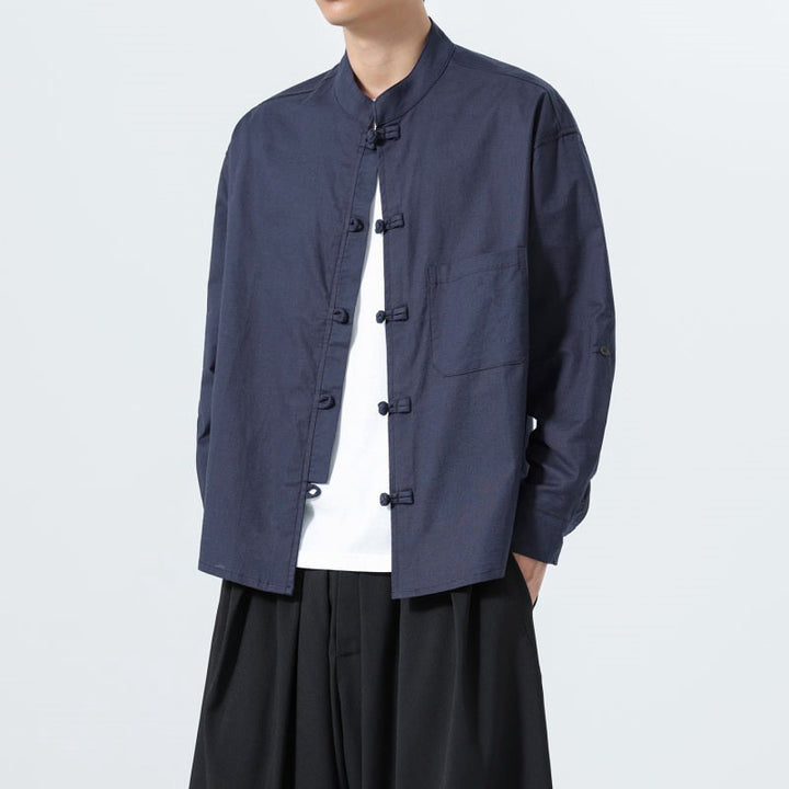 Buddha Stones Spring Fall Tang Style Minimalist Frog Button Mandarin Collar Solid Men's Long Sleeve Shirts With Pocket - image 1