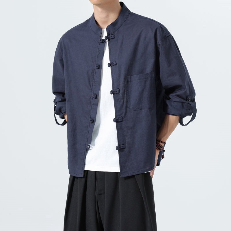 Buddha Stones Spring Fall Tang Style Minimalist Frog Button Mandarin Collar Solid Men's Long Sleeve Shirts With Pocket - image 2
