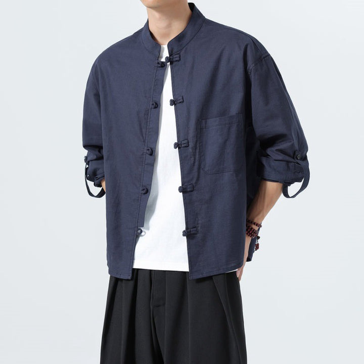 Buddha Stones Spring Fall Tang Style Minimalist Frog Button Mandarin Collar Solid Men's Long Sleeve Shirts With Pocket - image 2
