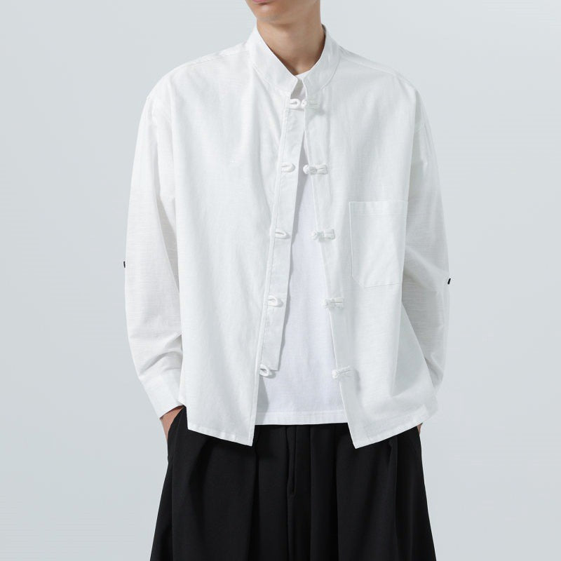 Buddha Stones Spring Fall Tang Style Minimalist Frog Button Mandarin Collar Solid Men's Long Sleeve Shirts With Pocket - image 25