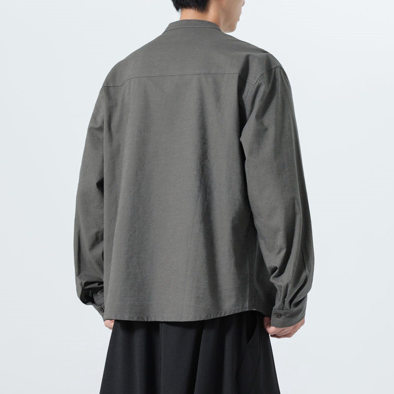 Buddha Stones Fall Minimalist Tang Style Mandarin Collar Patch Pocket Solid Men's Long Sleeve Shirts With Pocket - image 5