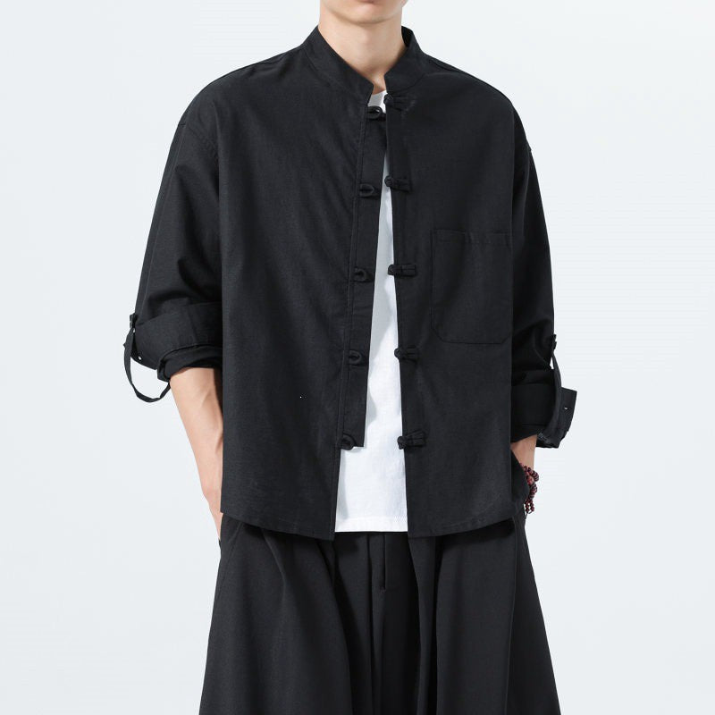 Buddha Stones Spring Fall Tang Style Minimalist Frog Button Mandarin Collar Solid Men's Long Sleeve Shirts With Pocket - image 11