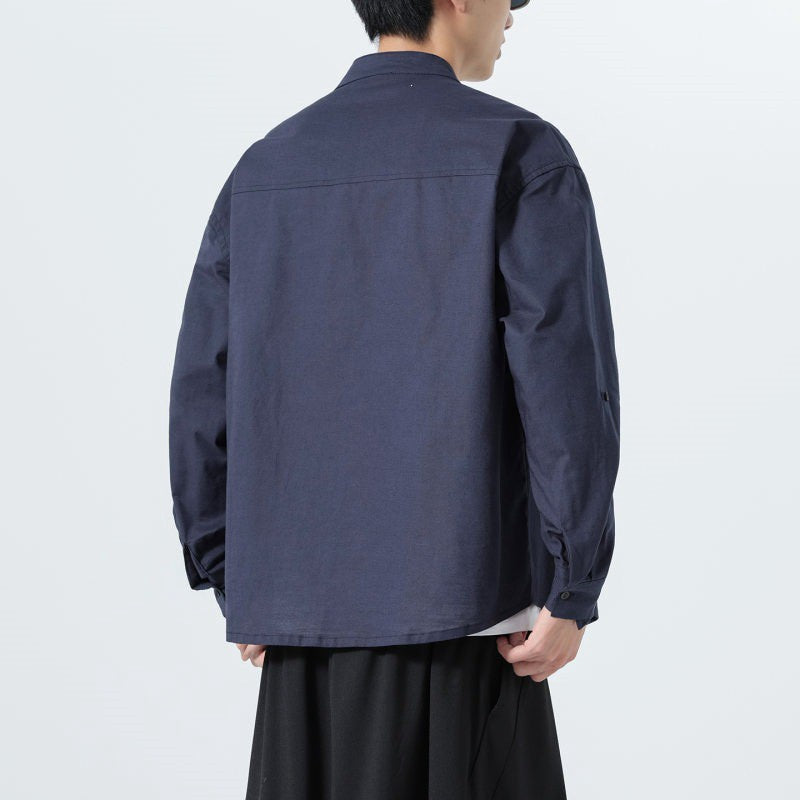 Buddha Stones Spring Fall Tang Style Minimalist Frog Button Mandarin Collar Solid Men's Long Sleeve Shirts With Pocket - image 6