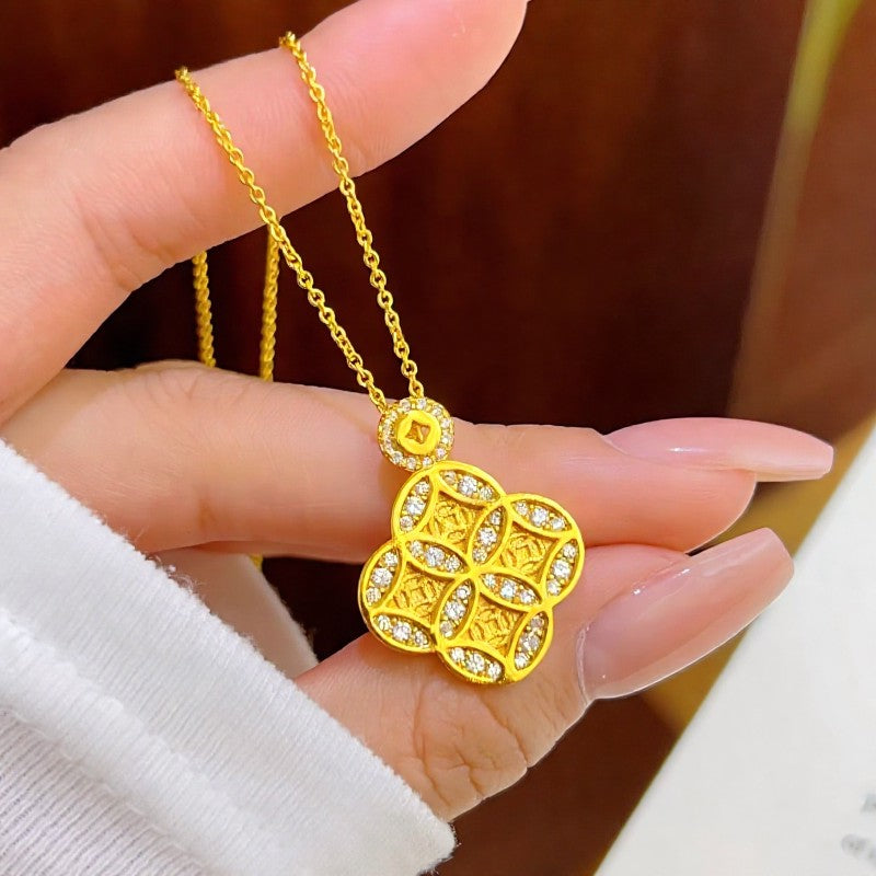 Buddha Stones Copper Chinese Coin Prosperity Four Leaf Clover Necklace - Chinese Coin - image 0