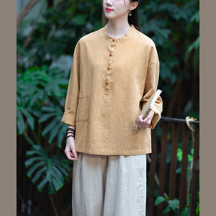 Buddha Stones Solid Color Loose Button Blouse Long Sleeve Shirt Top