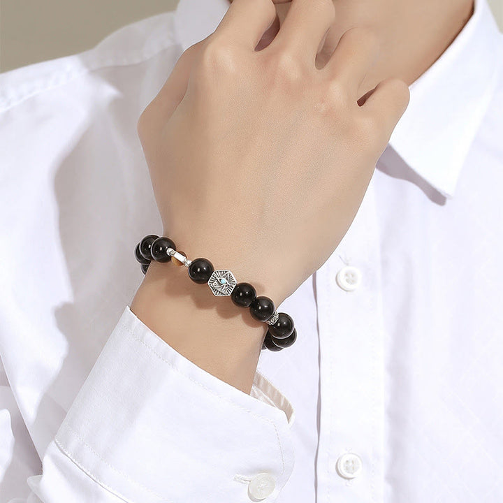 Buddha Stones 925 Sterling Silver Black Obsidian Tiger Eye Eye of Providence Purification Bracelet - image 3
