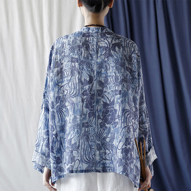 Buddha Stones Retro Blue White Flowers Frog-Button Design Long Sleeve Ramie Linen Jacket Shirt