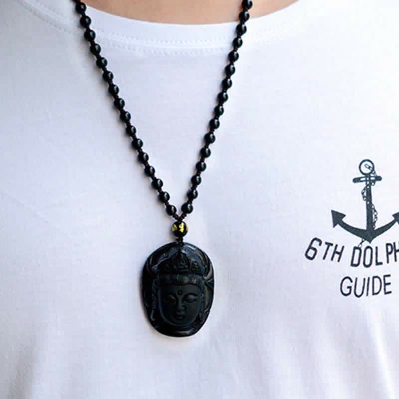 Buddha Stones Natural Black Obsidian Kwan Yin Avalokitesvara Strength String Necklace Pendant - image 4