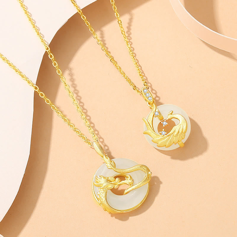 ❗❗❗A Flash Sale- Buddha Stones 925 Sterling Silver Year of the Dragon Hetian Jade Golden Dragon Phoenix Peace Buckle Luck Necklace Pendant - image 3