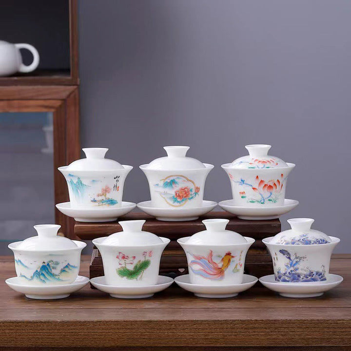 Buddha Stones White Porcelain Mountain Landscape Countryside Ceramic Gaiwan Teacup Kung Fu Tea Cup And Saucer With Lid