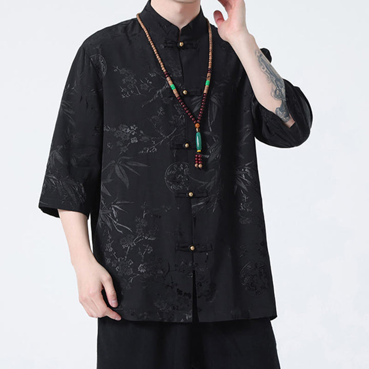 Buddha Stones Peach Blossom Bamboo Leaves Frog-button Chinese Half Sleeve Shirt Men T-shirt