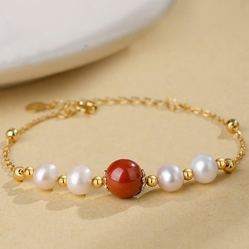 Buddha Stones 925 Sterling Silver Pearl Cinnabar Healing Bead Chain Bracelet - Pearl&Cinnabar - image 0