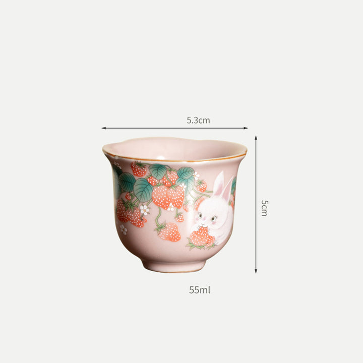 Buddha Stones Cute Strawberry Rabbit Flower Ceramic Teacup Kung Fu Tea Cup 55ml