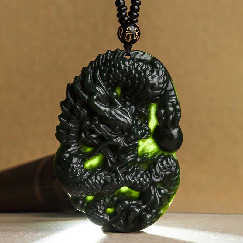 Hetian Cyan Jade Dragon Success Harmony Necklace Beaded String Pendant - image 9