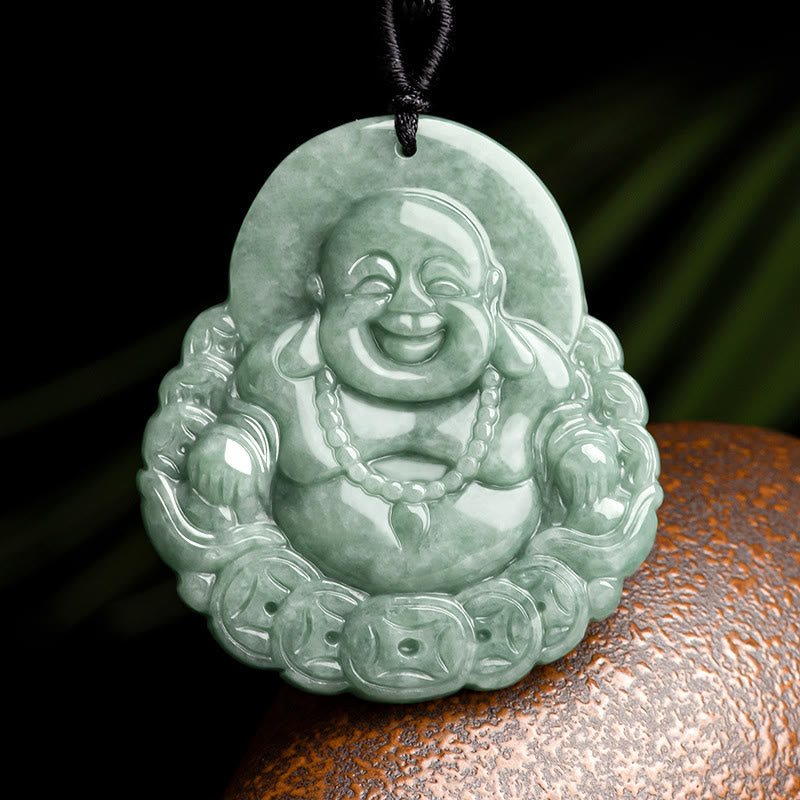 Buddha Stones Laughing Buddha Natural Jade Copper Coin Abundance Necklace Pendant - Laughing Buddha(Happiness♥Wealth) - image 1