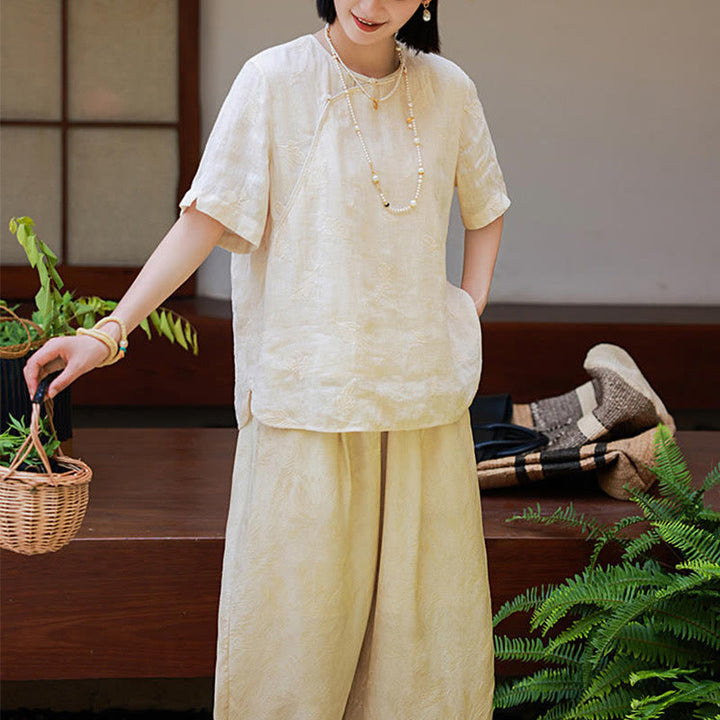 Buddha Stones Ramie Linen Loose Blouse Short Sleeve Shirt Chinese Style Top