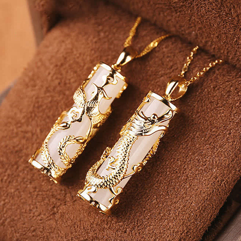 Buddha Stones Jade Dragon Phoenix Copper Blessing Harmony Necklace Pendant - image 7