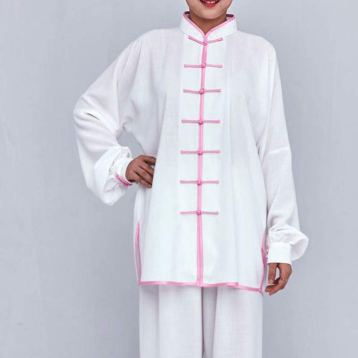 Buddha Stones Meditation Zen Prayer Spiritual Tai Chi Qigong Practice Unisex Embroidery Clothing Set - White + Pink Edge Long Sleeve - US12，UK/AU16，EU44 (2XL) - image 15