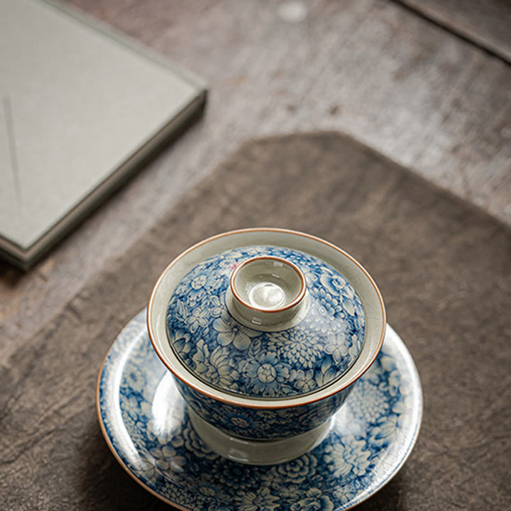 Buddha Stones Vintage Blue And White Porcelain Peach Blossom Lotus Peony Ceramic Gaiwan Sancai Teacup Kung Fu Tea Cup And Saucer With Lid - image 6