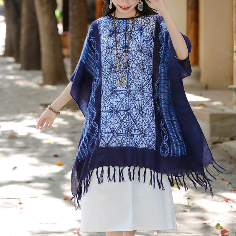 Buddha Stones Blue Stripe Geometry Indigo Dyeing Shawl Tassels Travel Pullover 90*95cm