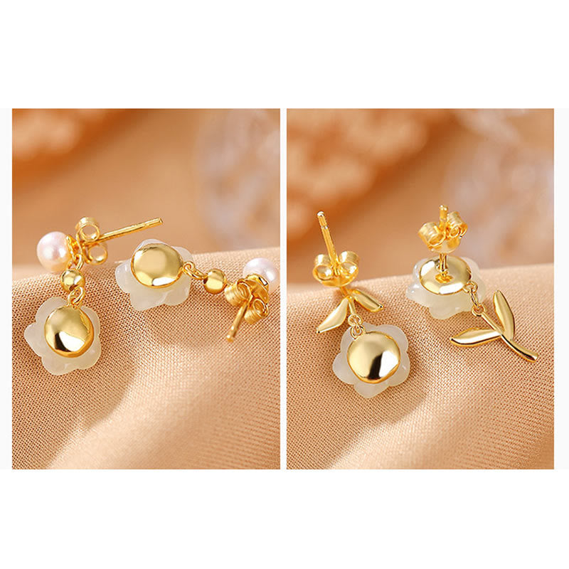 Buddha Stones 925 Sterling Silver Plated Gold Jade Rose Flower Cyan Jade Pearl Luck Earrings - image 7
