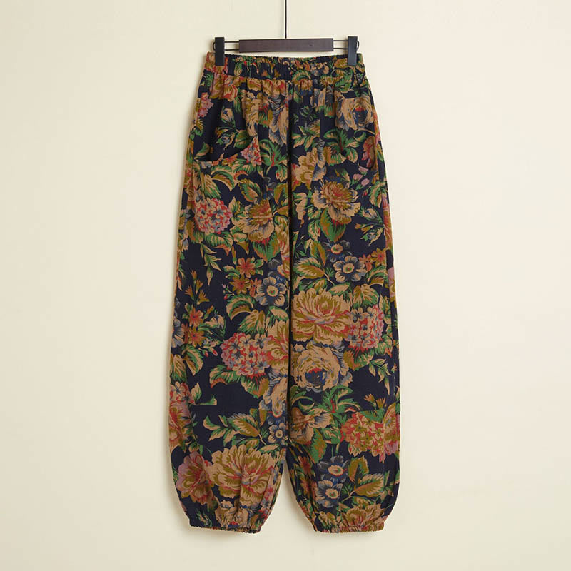 Buddha Stones Casual Flower Geometry Graffiti Pattern Cotton Linen Harem Pants With Pockets