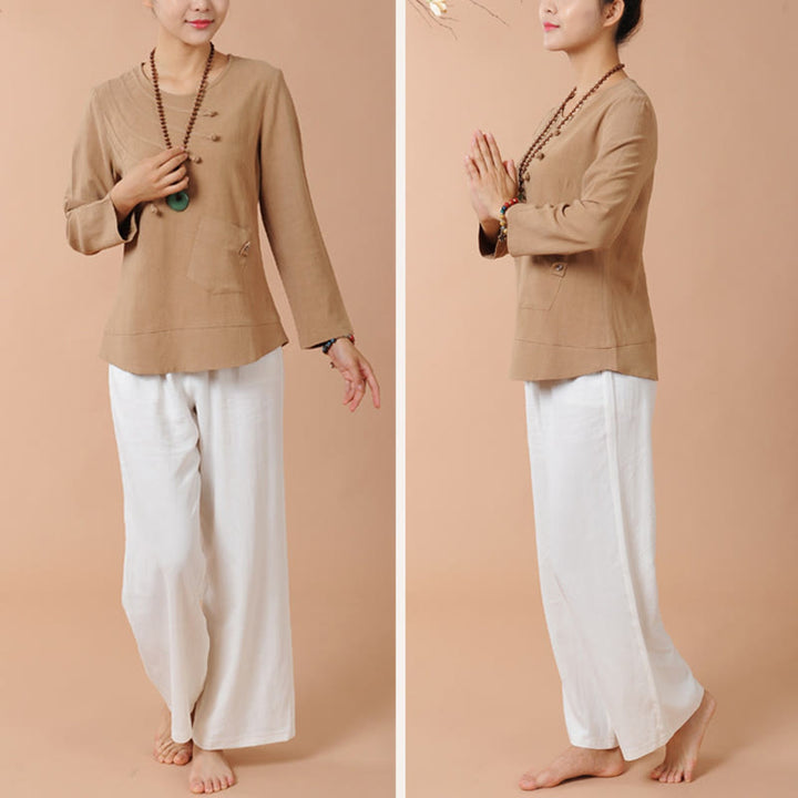 Buddha Stones 2Pcs Long Sleeve T-Shirt Tee Pants Meditation Zen Tai Chi Linen Clothing Women's Set