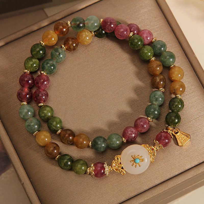 Buddha Stones Natural Multicolored Tourmaline Positive Jade Flower Double Wrap Bracelet