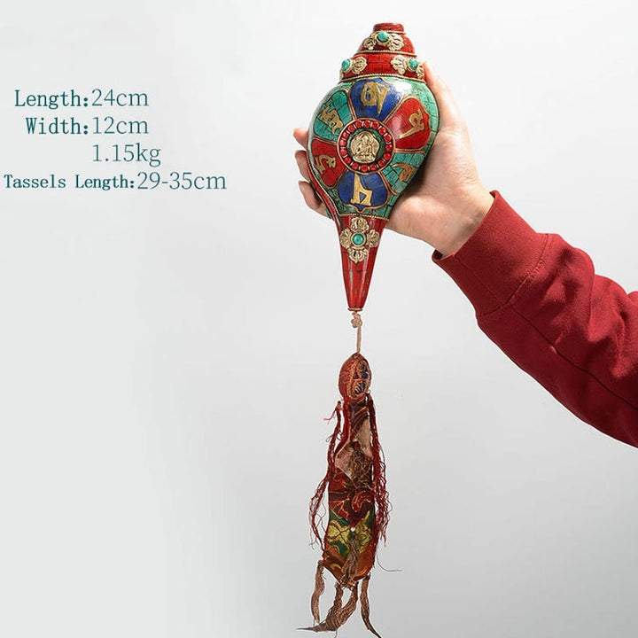 Tibetan Handmade Shankha Om Mani Padme Hum Buddha Avalokitesvara Turquoise Conch Shell Positive Decoration - Om Mani Padme Hum 24*12cm - image 17