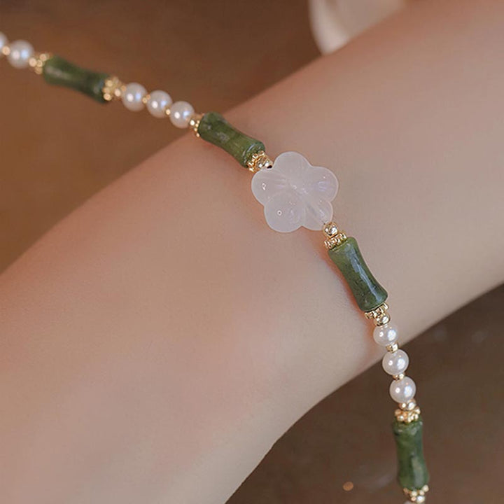 Buddha Stones Peridot Bamboo Flower Agate Pearl Peace Bracelet