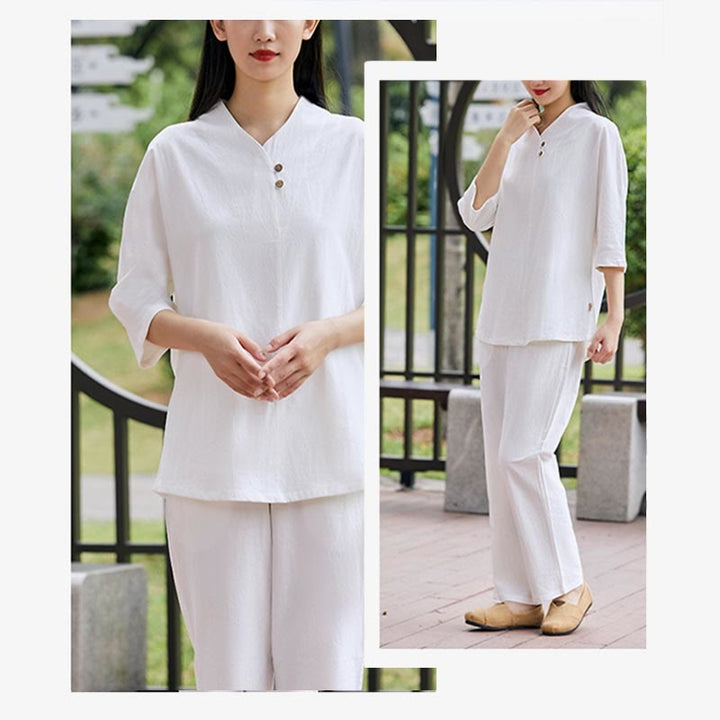 Buddha Stones 2Pcs Shirt Top Pants Meditation Zen Tai Chi Cotton Linen Clothing Women's Set