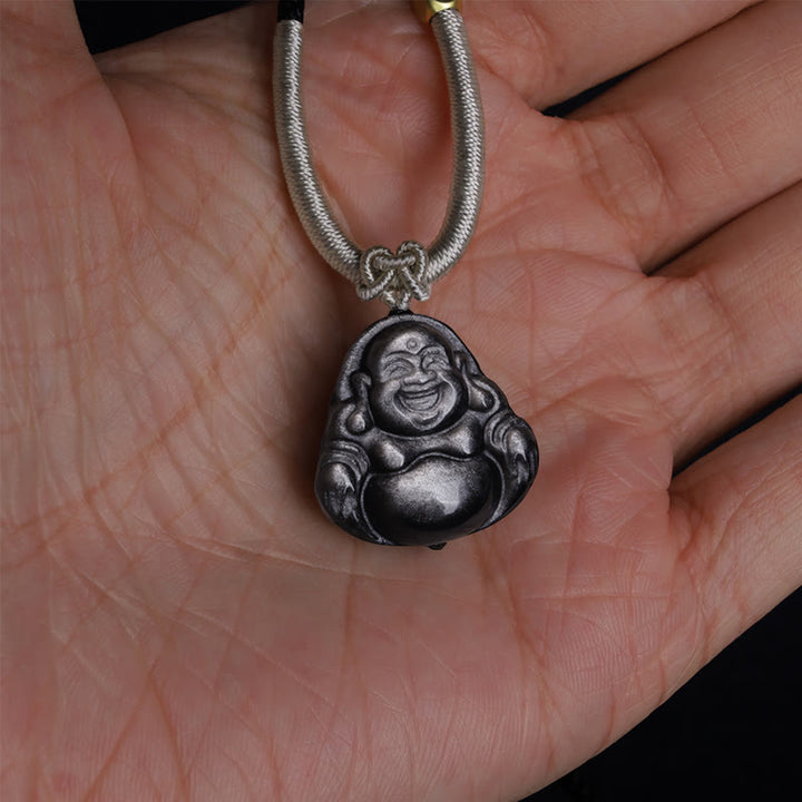 Buddha Stones Natural Silver Sheen Obsidian Laughing Buddha Protection Necklace Pendant - image 8