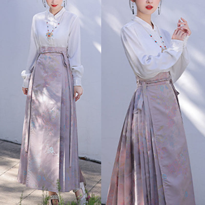 Buddha Stones Chinese Hanfu Pink Flying Crane Printed Horse Face Skirt Mamianqun