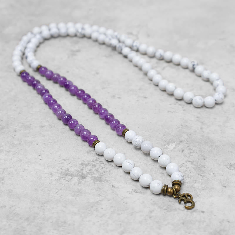 108 Mala Beads Amethyst White Turquoise OM Healing Meditation Energy Bracelet - image 1