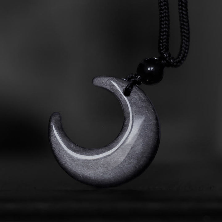 Buddha Stones Natural Silver Sheen Obsidian Selenite Crystal Crescent Moon Yin Yang Couple Protection Necklace Pendant - image 6