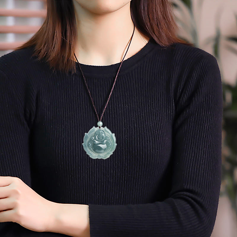 Buddha Stones Natural Jade Laughing Buddha Lotus Pattern Luck Necklace Pendant - image 7