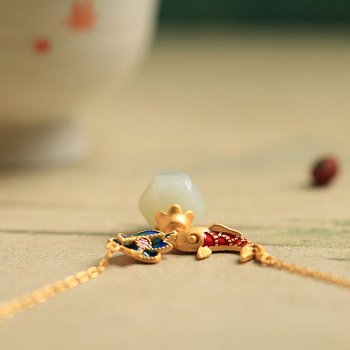 Buddha Stones 925 Sterling Silver White Jade Koi Fish Lotus Protection Necklace Pendant - image 9