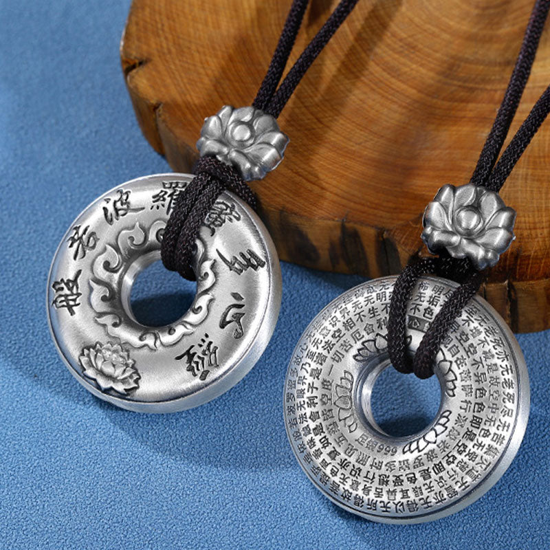 999 Sterling Silver Heart Sutra Lotus Peace Buckle Necklace Pendant - image 2