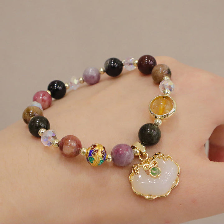 Buddha Stones Strawberry Quartz Green Crystal Amethyst Healing Chinese Lock Charm Bracelet