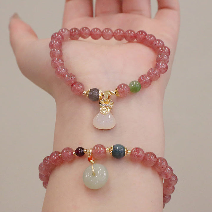 Buddha Stones Natural Strawberry Quartz Jade Peace Buckle Coin Purse Healing Bracelet