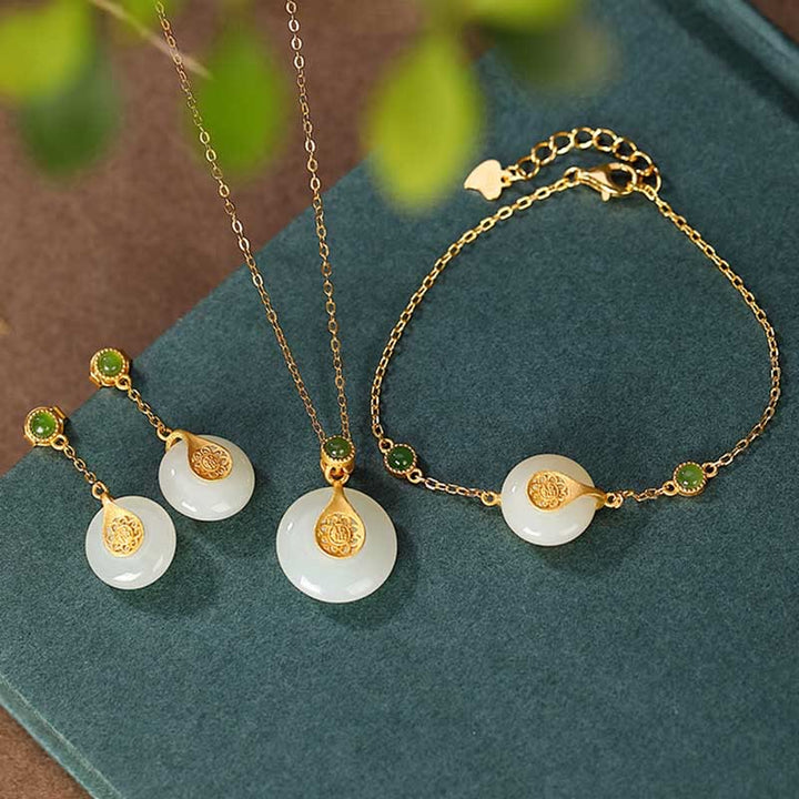 Buddha Stones 925 Sterling Silver Plated Gold Hetian Jade Fu Character Luck Necklace Pendant Bracelet Earrings