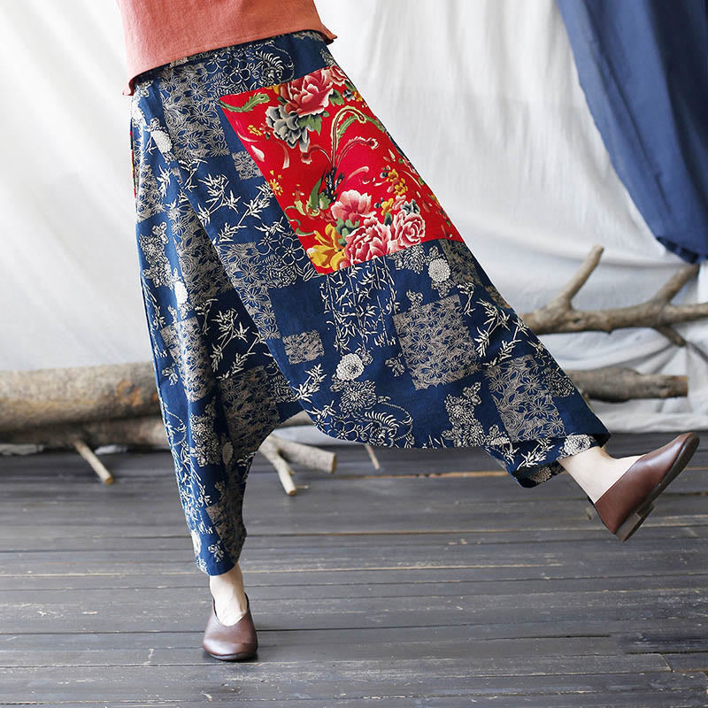 Buddha Stones Red Peony Blue Bamboo Chrysanthemum Patchwork Cotton Linen Harem Pants With Pockets