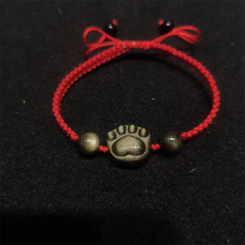 Buddha Stones Natural Silver Sheen Obsidian Gold Sheen Obsidian Cute Cat Paw Claw Protection Rope Bracelet - Gold Sheen Obsidian - Red Rope(Wrist Circumference 14-19cm) - image 10