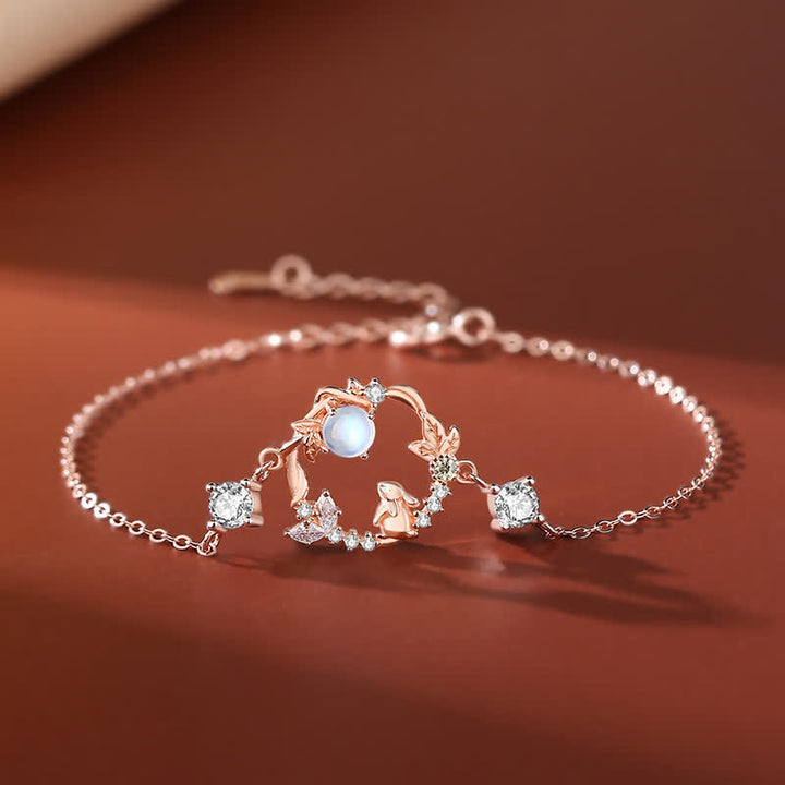 925 Sterling Silver Year of the Rabbit Moonstone Moon Flower Pattern Necklace Pendant Bracelet Earrings - Bracelet - Rose Gold - image 6