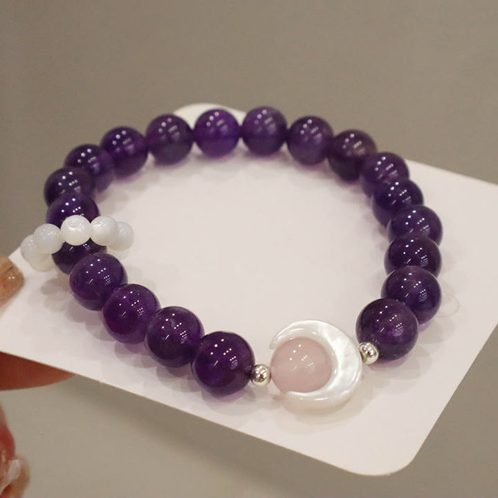 Buddha Stones 925 Sterling Silver Natural Amethyst Aquamarine Pink Crystal Cat's Eye Healing Crescent Moon Bracelet - image 4